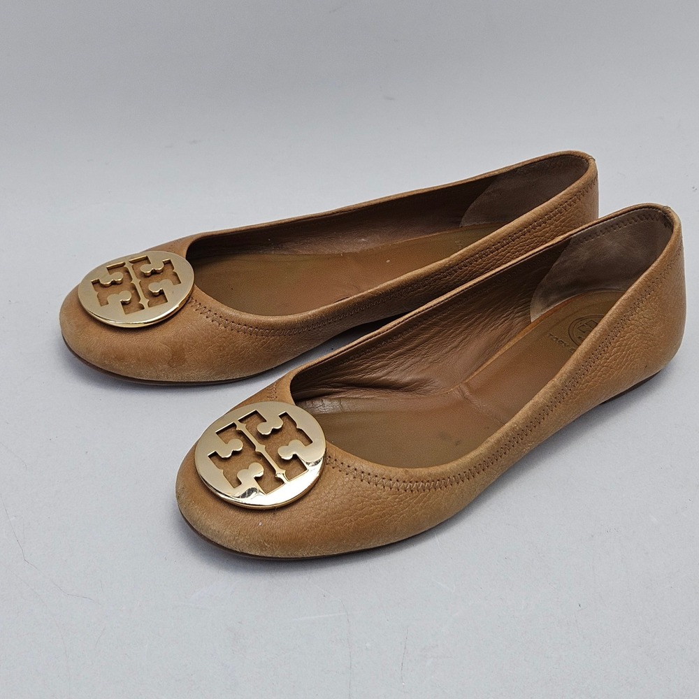 Tory Burch Tan Leather Logo Ballet Flats with Gold Emblem